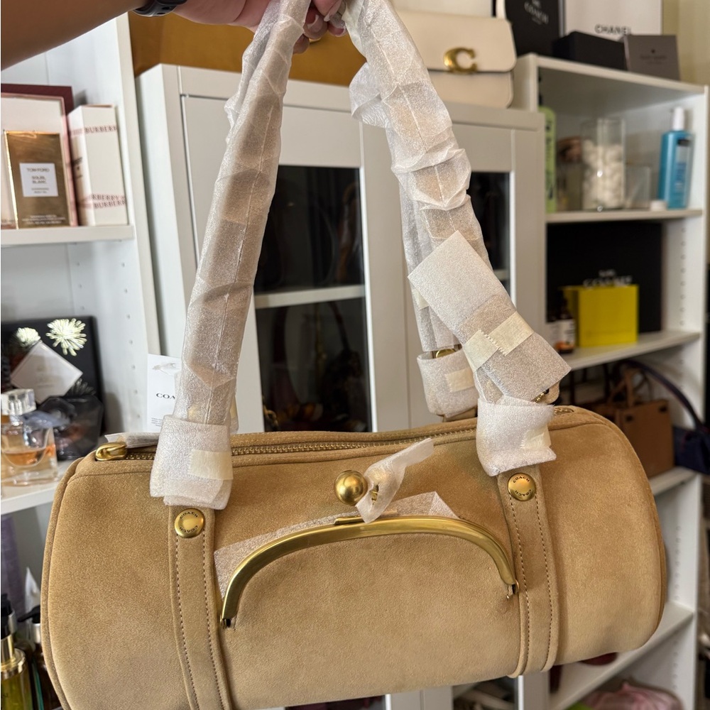 Coach Tan Suede Shoulder Bag with Gold Accents